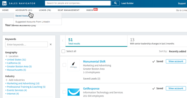 Linkedin Sales Navigator: LinkedIn suggerirà account da rivedere e salvare