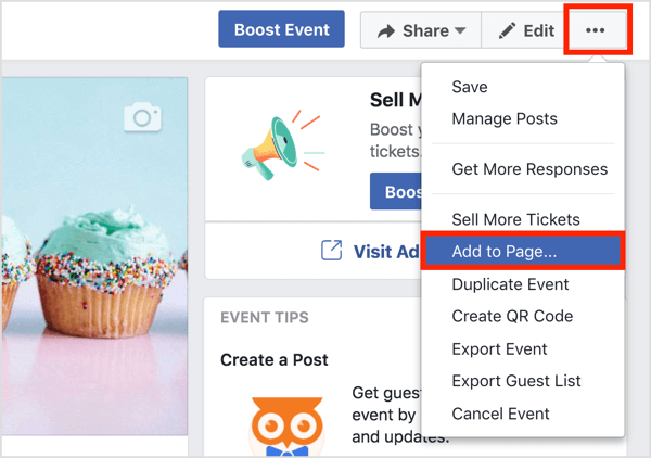 Eventi Facebook: fai clic sul pulsante con i tre punti nella parte superiore della pagina