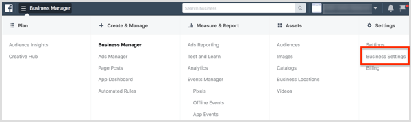 Business manager facebook: fai clic sull'icona di B.M. del menu in alto a sinistra