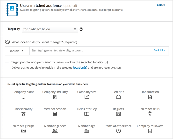 puoi scegliere come target specifici membri di LinkedIn