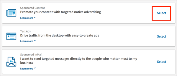 Linkedin marketing; scegli “Contenuto sponsorizzato”