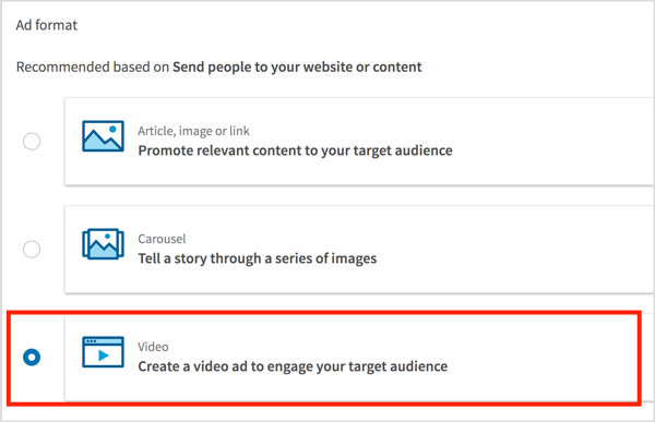 Linkedin video ads:  scegli “video” come formato dell'annuncio