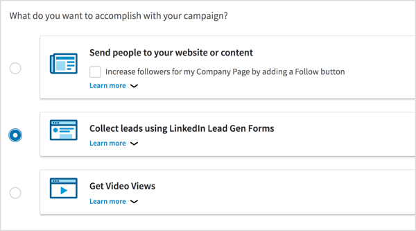 Linkedin marketing; seleziona “Raccogli lead utilizzando il form LinkedIn Lead Gen”